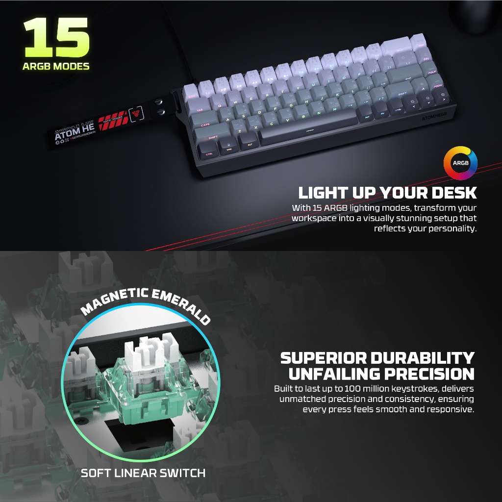 FANTECH AtomHE68 / Atom HE-68 / Atom HE 68 MK811/ MK-811 Gaming Keyboard Wired 8K Magnetic Switch - Gambar 3