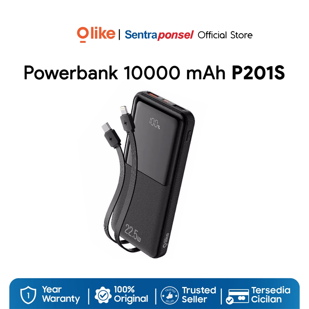 Olike Built-in Cable Power Bank P201S Super Fast Charging 22.2W Builtin Type C and Lightning Cable with LED Digital