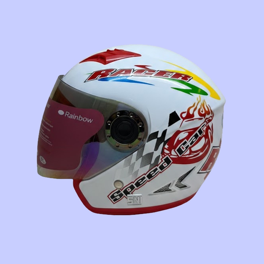 Helm Half Face Anak Kidzu Racer White Red (Kaca Rainbow) - Gambar 4