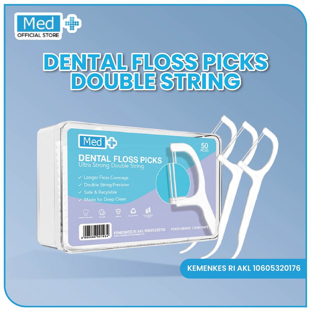 Med+ Dental Floss Double Tali / Tusuk Gigi 1 Pack 50 Pcs / Benang Gigi 2 in 1 / Pembersih Sela Gigi / Toothpick
