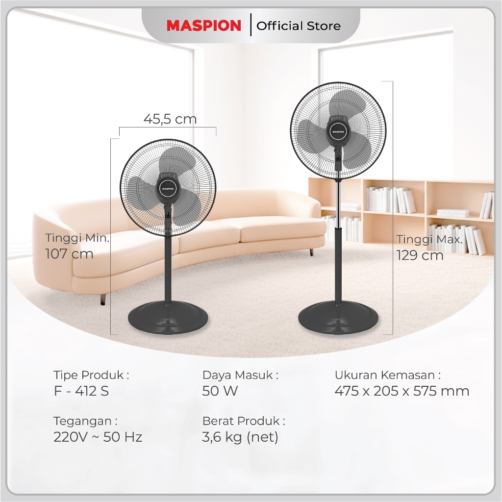 Maspion Stand Fan Kipas Angin Berdiri 16 Inch F-412 S - Gambar 2