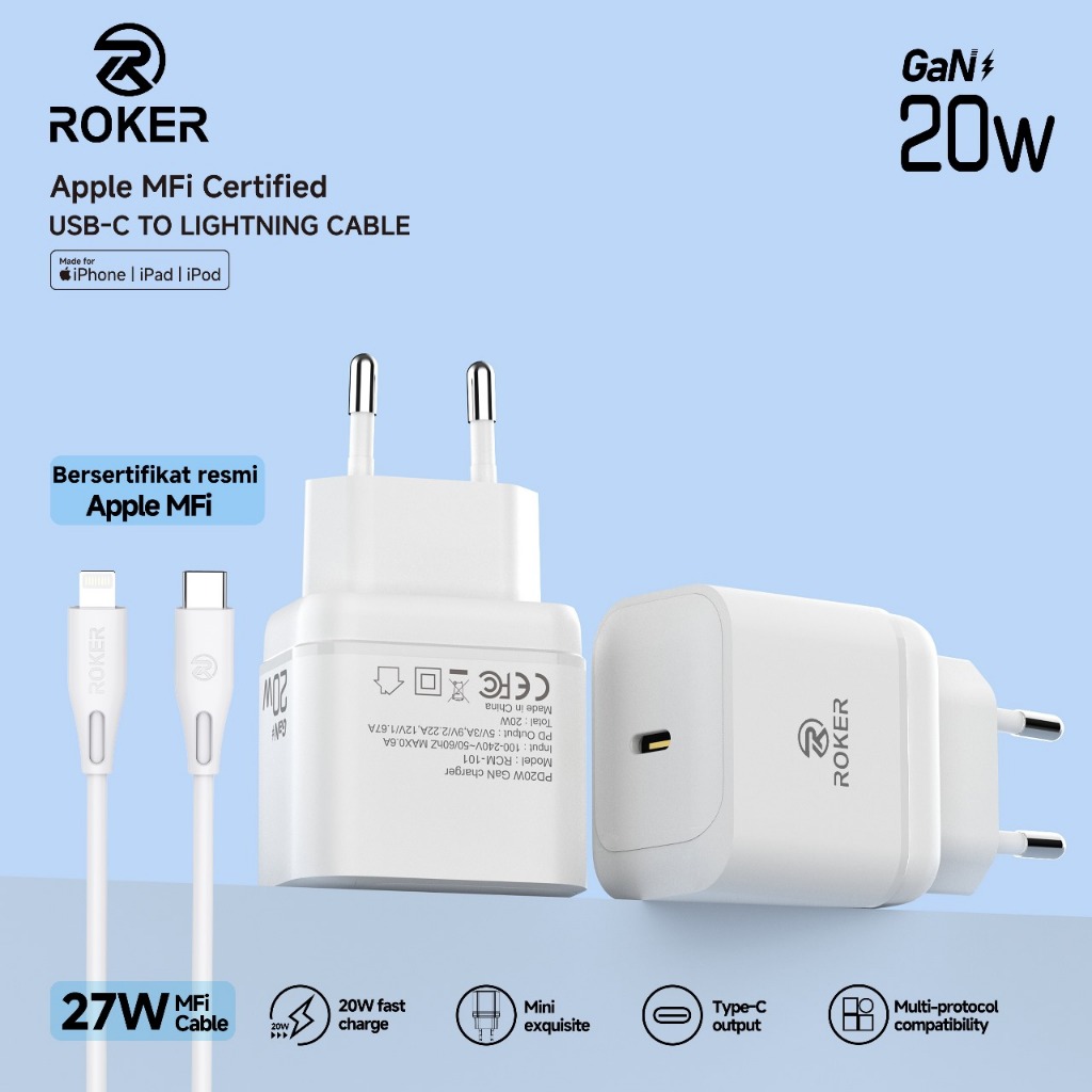 ROKER Charger RCM101 iPhone 20W GaN + Kabel USB-C to Lightning Apple MFi Certified