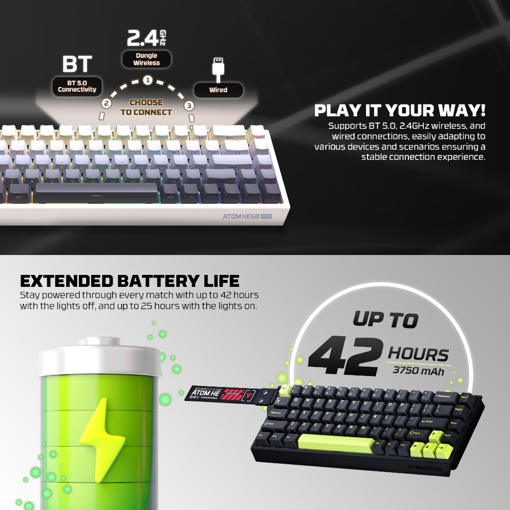 FANTECH AtomHE68 / Atom HE-68 / Atom HE 68 Pro / MK922/ MK-922 Gaming Keyboard 3in1 Connection Wireless 8K Wired Magnetic Switch - Gambar 3