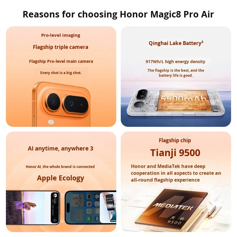 Honor Magic 8 Pro Air 5G 6.31''OLED 120HZ Dimensity 9500 5500mAh 80W 50MP Dual 64MP Telefoto - Gambar 2