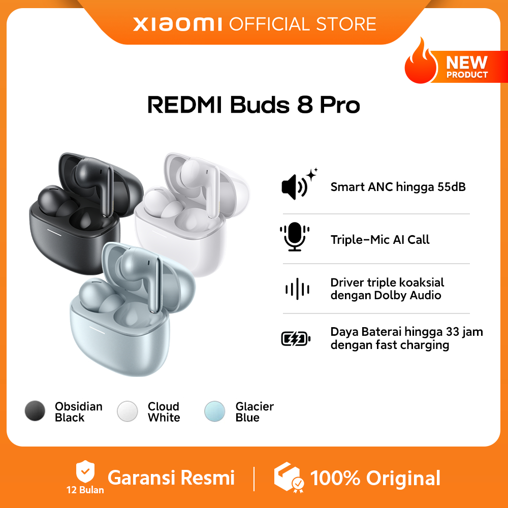 Xiaomi Redmi Buds 8 Pro | Smart ANC hingga 55dB | Triple-Mic AI Call | Driver triple koaksial dengan Dolby Audio | Daya Baterai hingga 33 jam dengan fast charging | Earphone Bluetooth [Xiaomi Official Store}