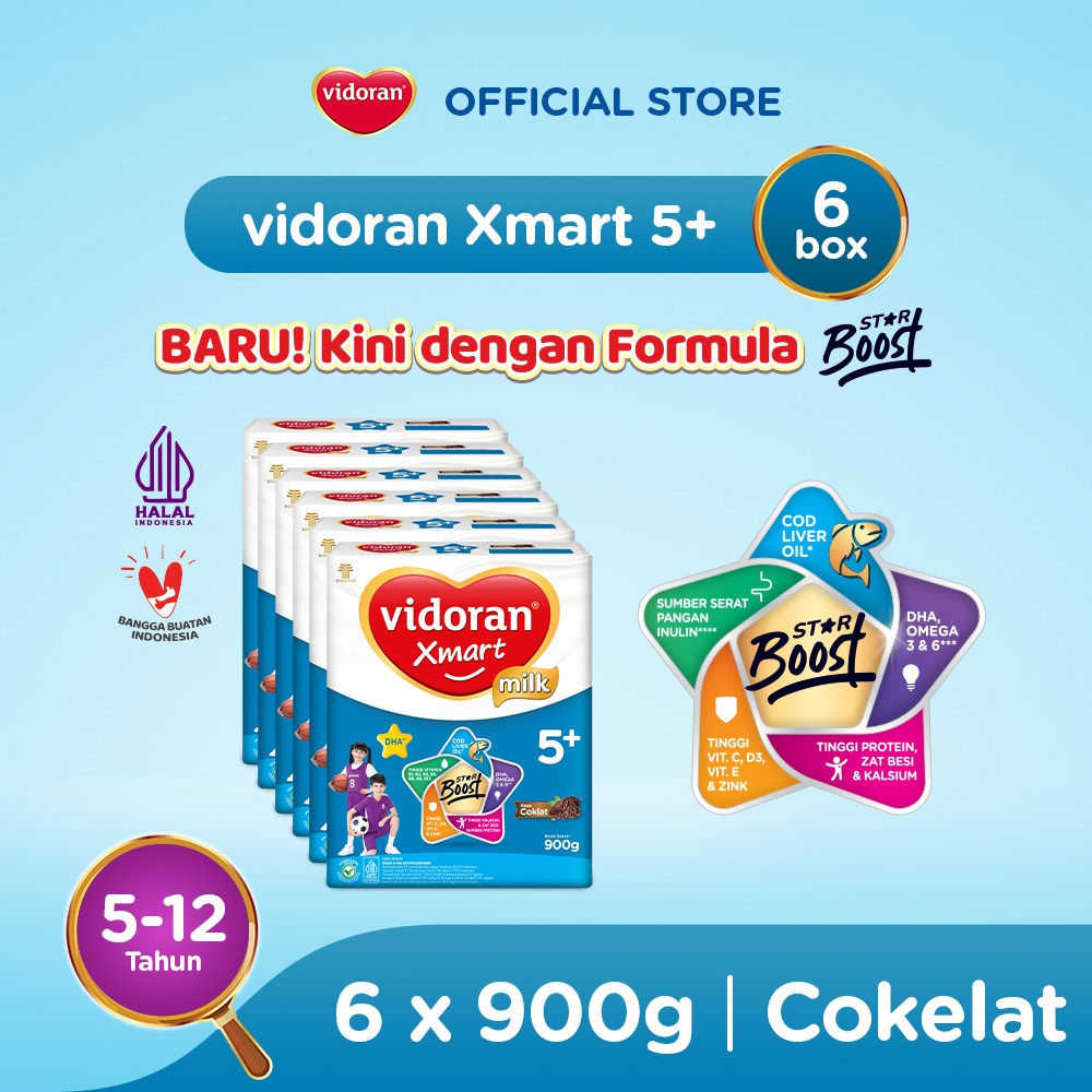 vidoran Xmart 5+ Cokelat 900gr Susu Formula Pertumbuhan Anak 5-12 Tahun - 6 box - Exp : 09.2027