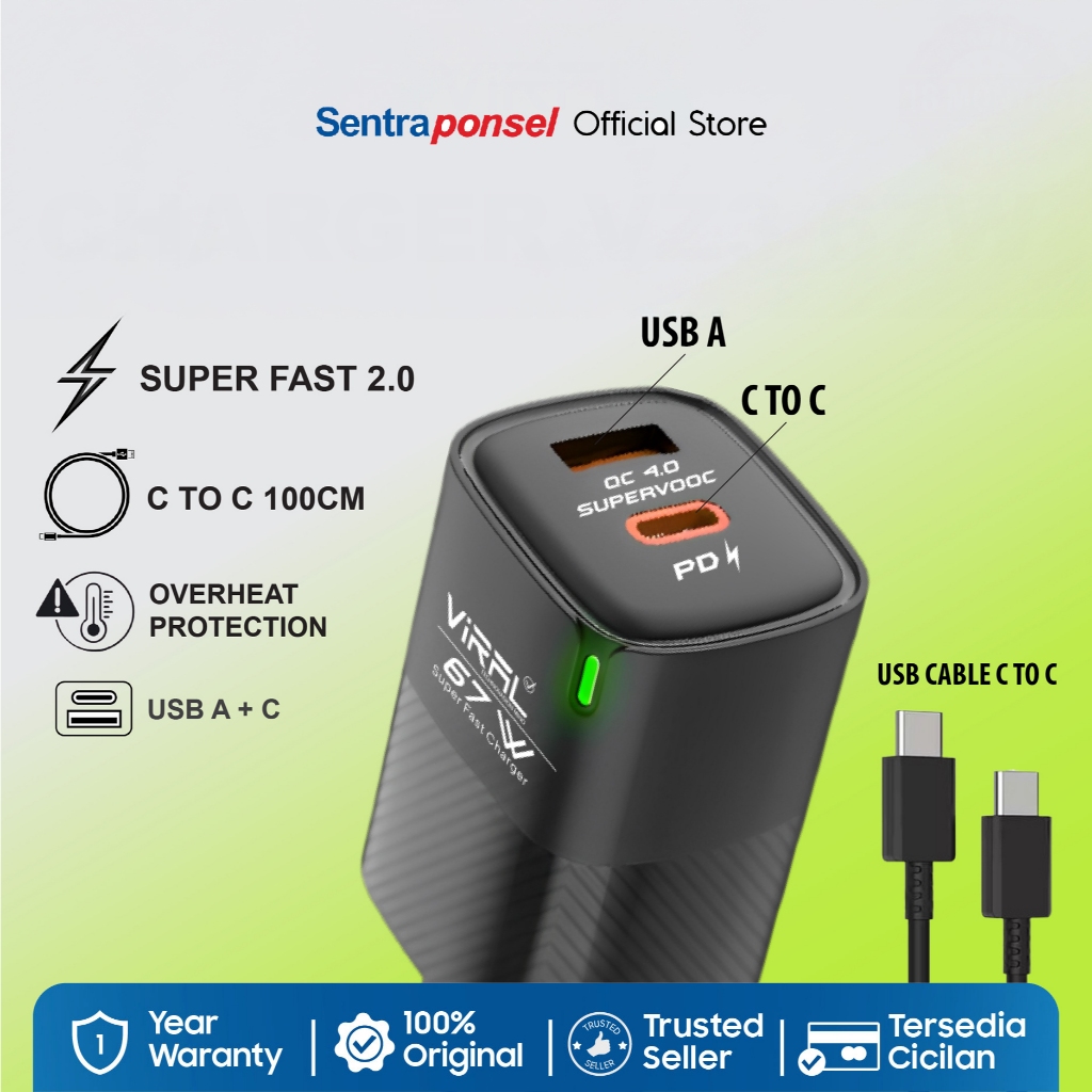 VIRAL 67W GaN CHARGER PD DUAL PORT LED FAST CHARGING VZ3 HITAM - Gambar 2