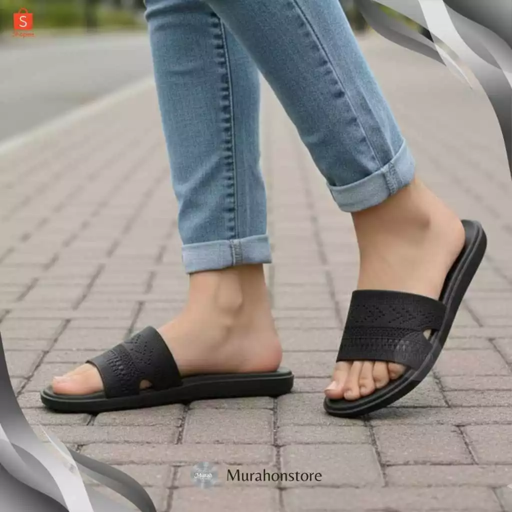 Sandal Selop Wanita Motif Rajut Full Karet Lentur Nyaman Santai Harian 37-40 - Gambar 3