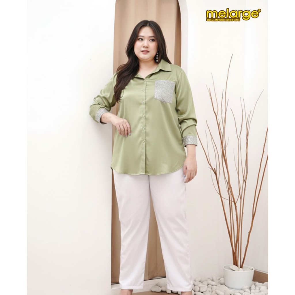 MELARGE - Elizabeth Kemeja Polos Wanita Bigsize Blouse Bahan Saten Satin Premium Atasan Oversize LD 120 130 140 150 3XL 4XL 5XL 6XL - Gambar 3