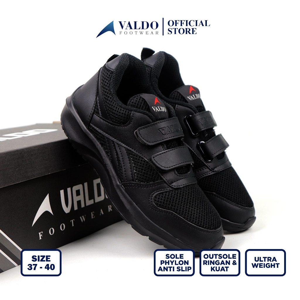 Valdo Footwear Size 24-40 Felix Sepatu Sekolah Anak Paud Tk Sd Perekat Umur 2-15Thn Full Hitam F 020 - Gambar 3