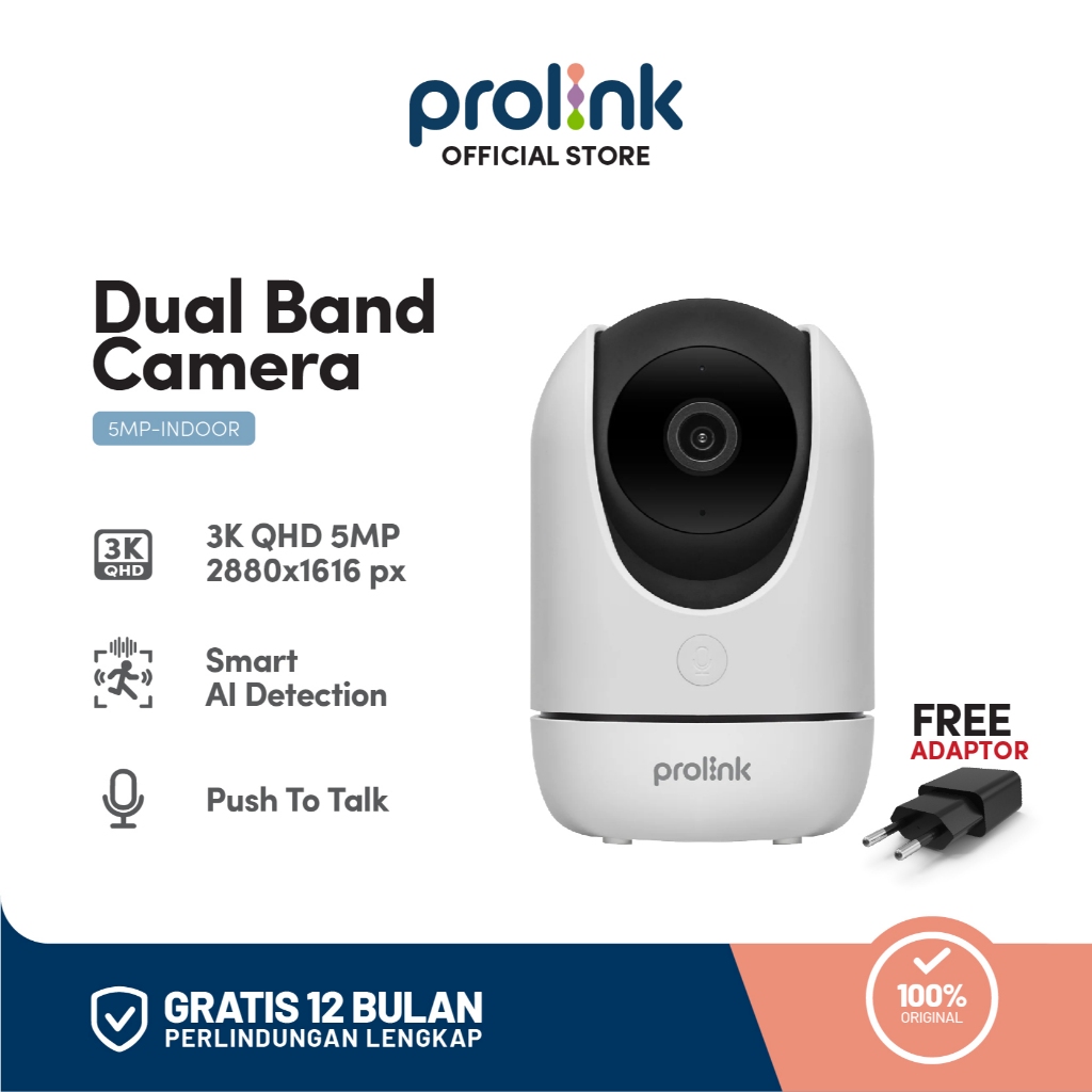 Prolink 5MP Smart IP Cam CCTV Dual Band Wifi Indoor QHD 3K Kamera CCTV 360° View Baby Monitor Human Body Detection 2 Way Audio Support ONVIF