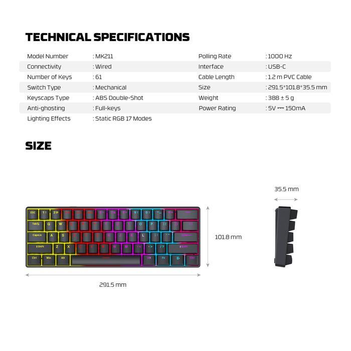 FANTECH Atom61 / Atom-61 MK211/ MK-211 Gaming Keyboard Wired Mechanical Static RGB - Gambar 2