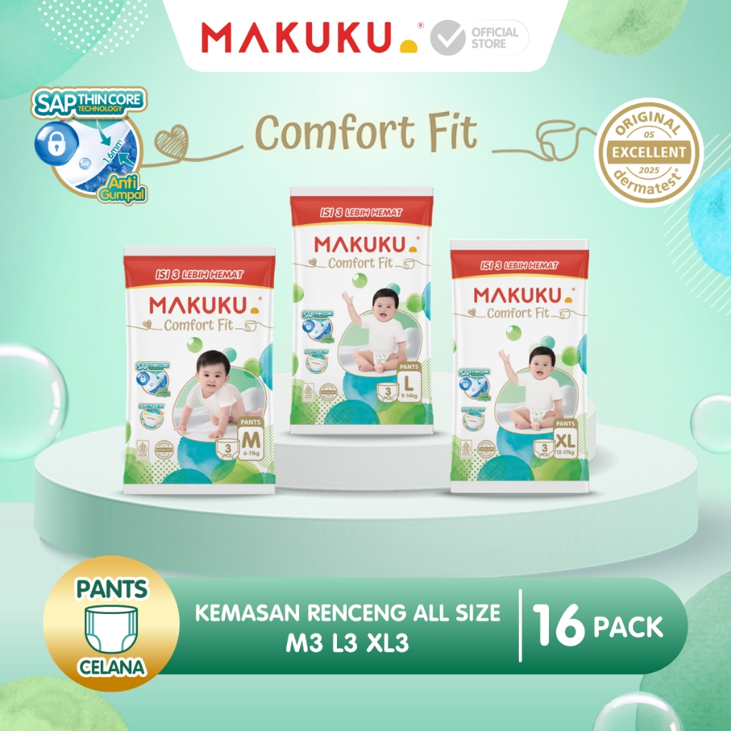 [16 PACK] Makuku SAP Diapers Comfort Fit 3.0 Celana / Pants Popok Bayi M3 / L3 / XL3 isi 3 pcs