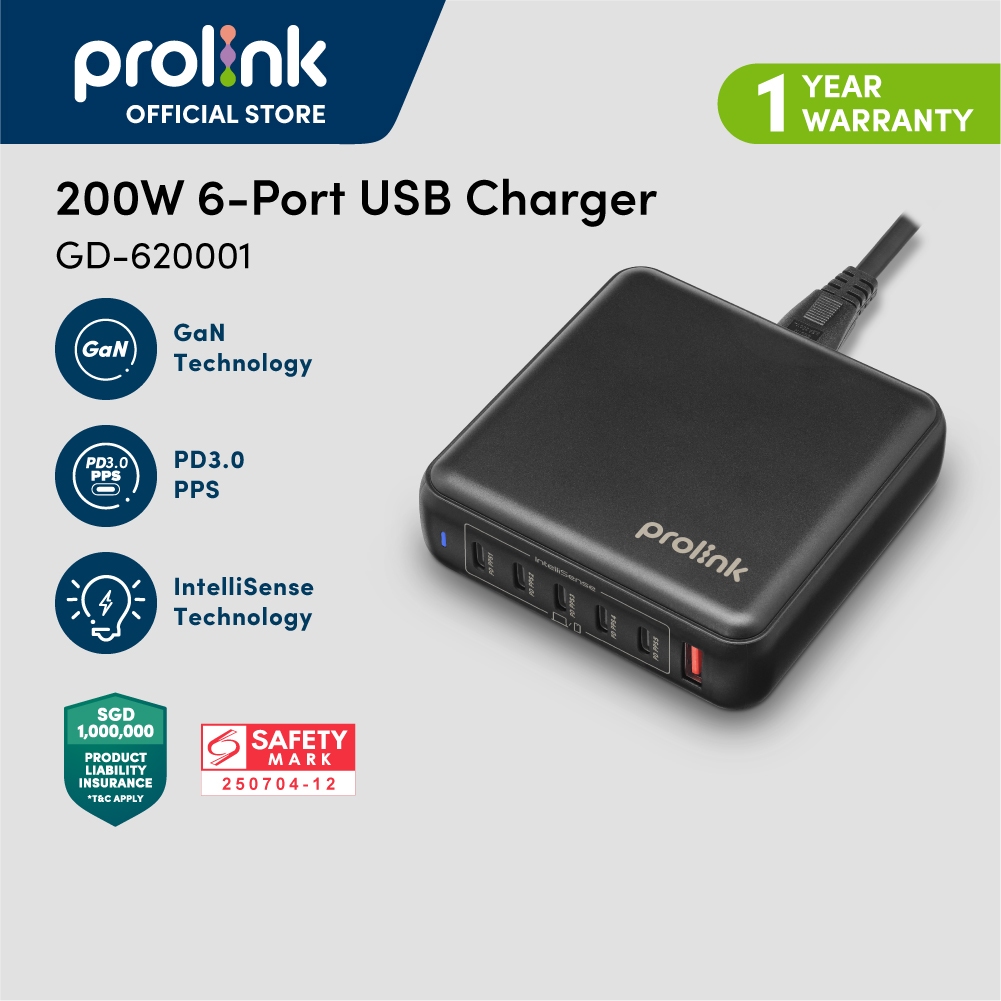 Prolink 200W / 6port / GaN PD 3.0 PPS Desktop Charger / Laptop / Tablet / Hp / Headset / Camera / Peralatan Gaming - Gambar 2