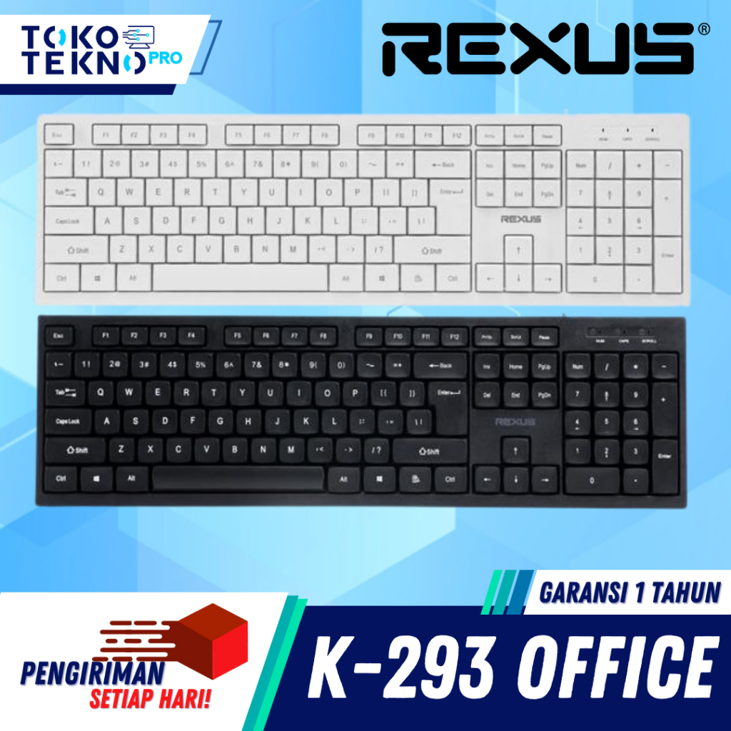 Rexus K293 / K-293 Keyboard Office Wired Full Size Membrane Ergonomic Sinking Keycap 104 Keys Plug & Play USB Komputer