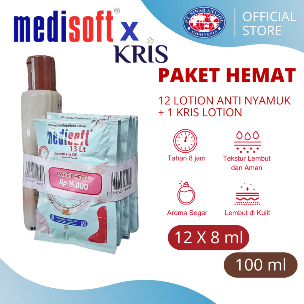 PAKET HEMAT 12 pcs Medisoft Lotion Anti Nyamuk 8ml SACHET + Kris Hand Body Losion Cocoa 100ml - Gambar 2