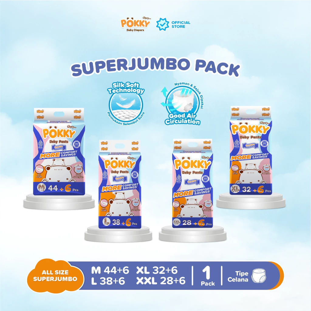 [1 BAG] POKKY Pants Popok Celana Bayi SUPER JUMBO PACK M44+6/L38+6/XL32+6/XXL28+6