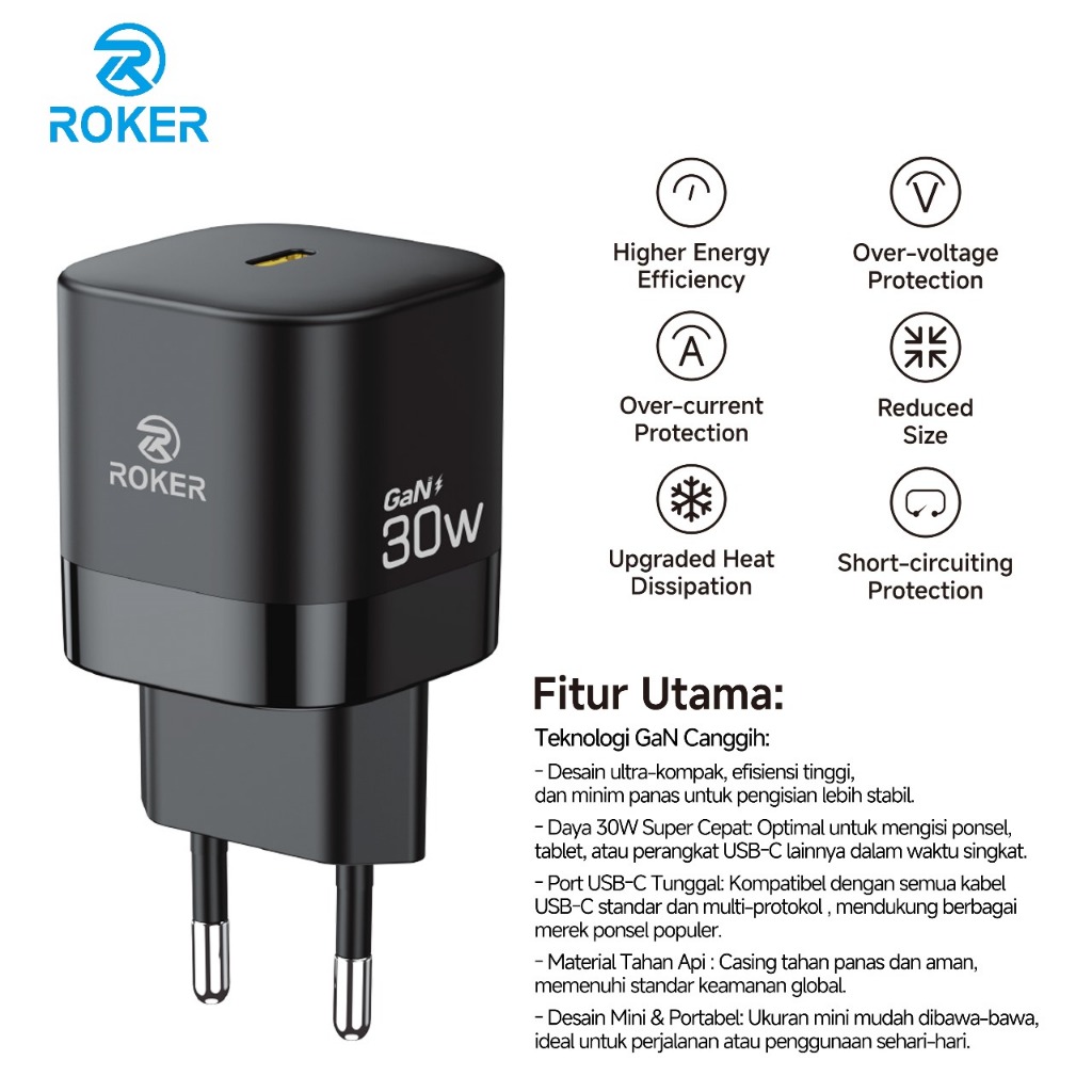 ROKER RK30 GaN 30W PD Fast Charger USB-C Original – Charger Super Cepat Universal HP, Tablet, Laptop, MacBook Air