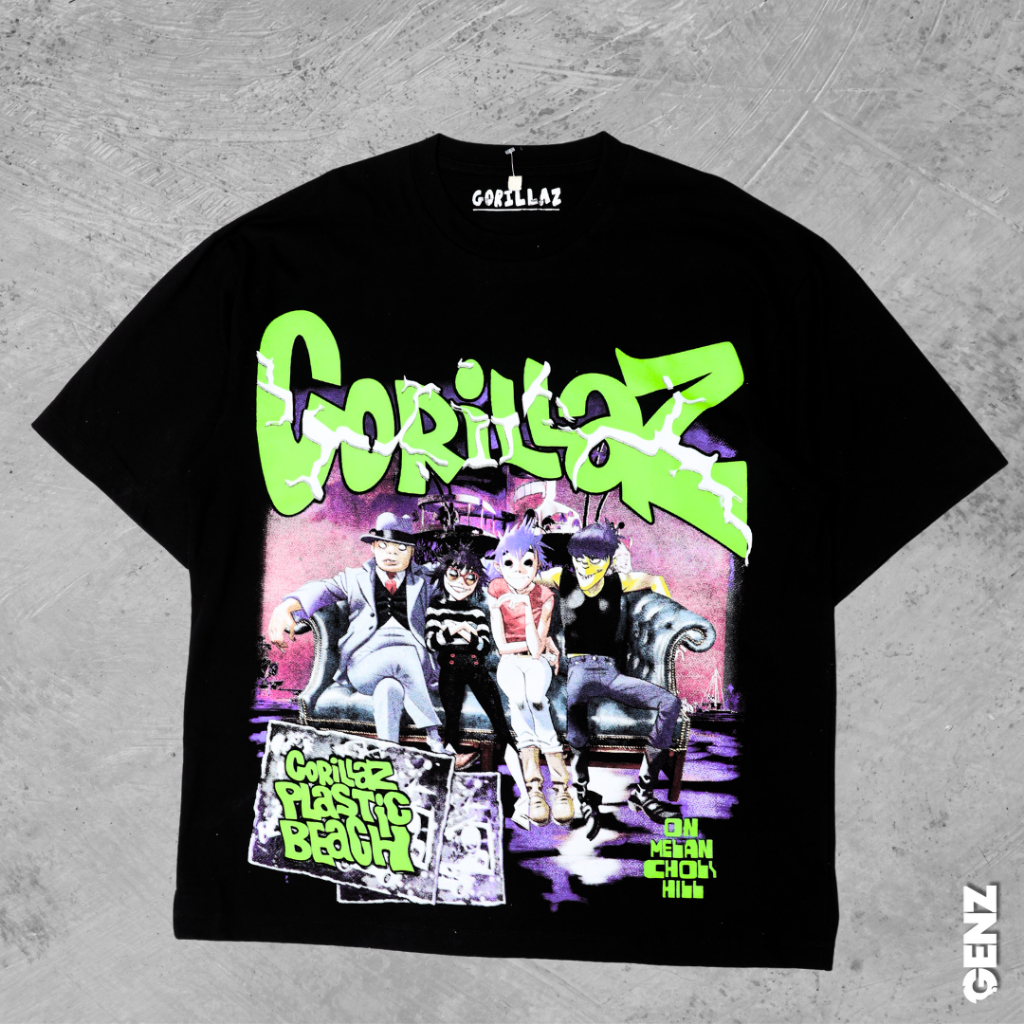 GENZ Kaos GORILLAZ - T Shirt Vintage GORILLAZ Black Cotton Combed 20s
