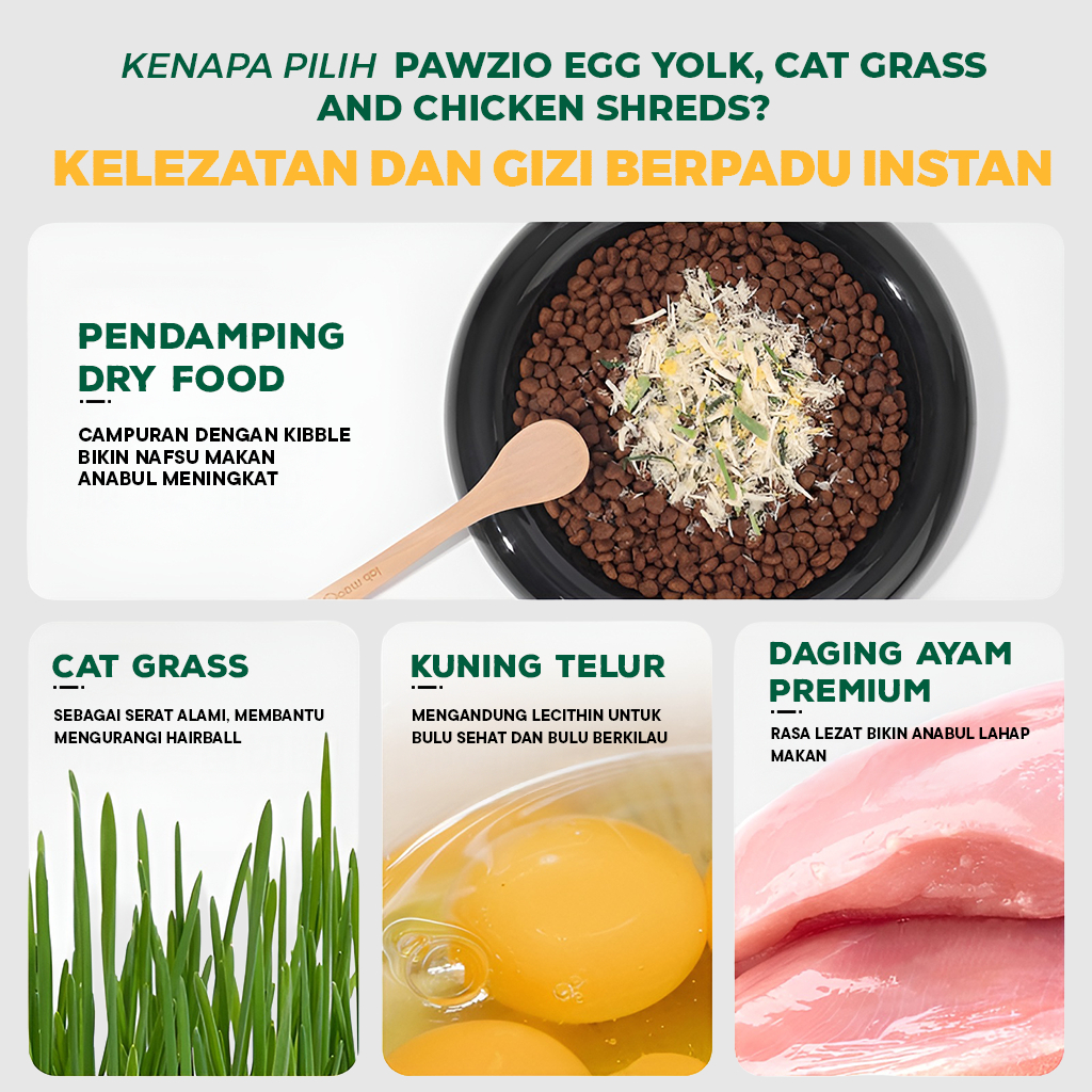 PAWZIO Egg Yolk, Cat Grass & Chicken Shreds 40g – Topping Makanan Kucing Tinggi Protein - Gambar 2