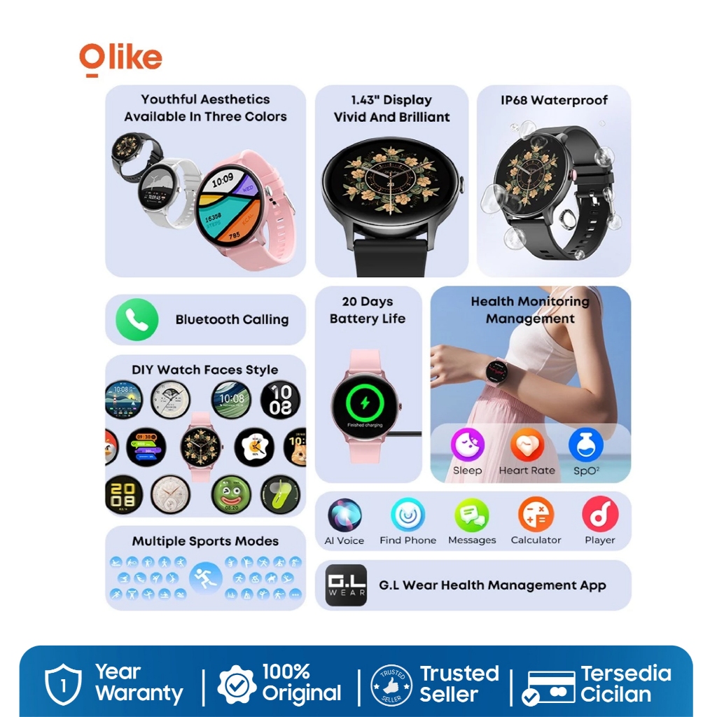 Olike Smartwatch Jam Tangan FW6 Smart Watch Tahan AIr IP68 Call 1.43" Display Healty Management 20 Day Battery - Gambar 4