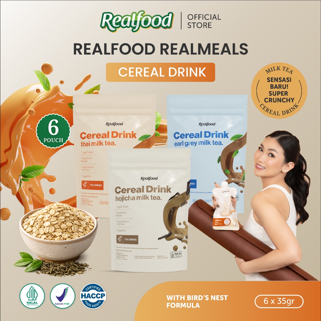 Realfood Realmeals Cereal Protein Drink / Meal Replacement / Pengganti Makan Ringan / 12g Protein / Mix Grains / Rice Crisps / Bird's Nest Extract / Chia Seed / Low Sugar / Rendah Gula / Snack Sehat / Kenyang Lebih Lama / Milk Tea Series