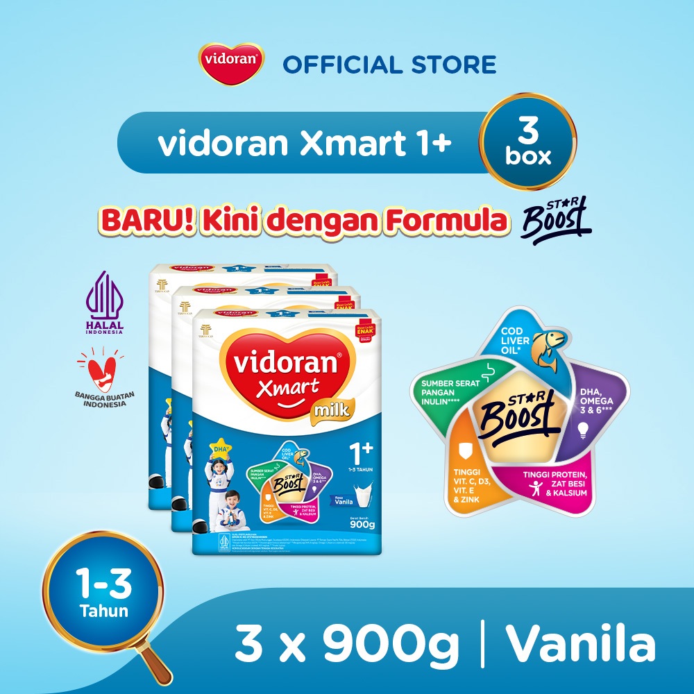 vidoran Xmart 1+ Vanila 900gr Susu Formula Pertumbuhan Anak 1-3 Tahun - 3 box (Exp : 07.2027)