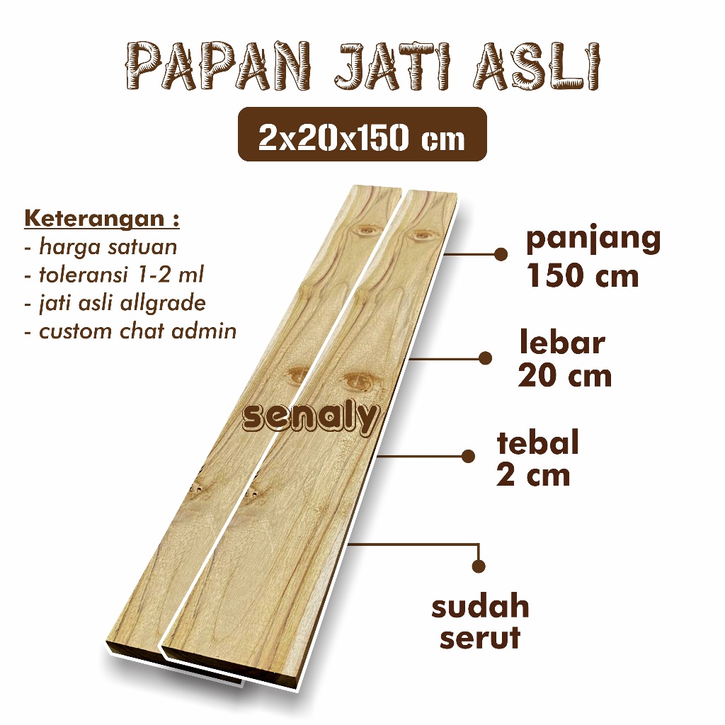 Papan 2x20x150 cm Kayu Jati Asli Allgrade Sudah Serut Rapi Bahan Kerajinan DIY Top Tabble Material Konstruksi