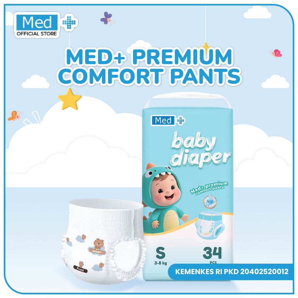 Med+ Baby Diapers Pants Disposable / Popok Bayi Sekali Pakai Tipe Celana Nyaman dan Lembut Baby Comfort Diapers Premium.