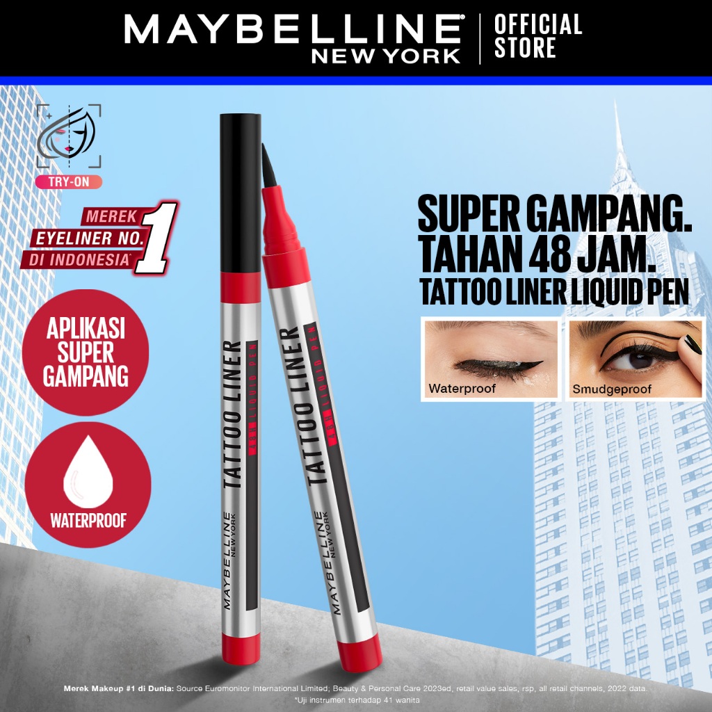 MAYBELLINE OFFICIAL Tattoo Liner 48H Liquid Pen Eyeliner Waterproof Make up Line Tattoo High Impact Tahan Lama 48 Jam Hitam Superstay Matte Vinyl Ink - Gambar 2