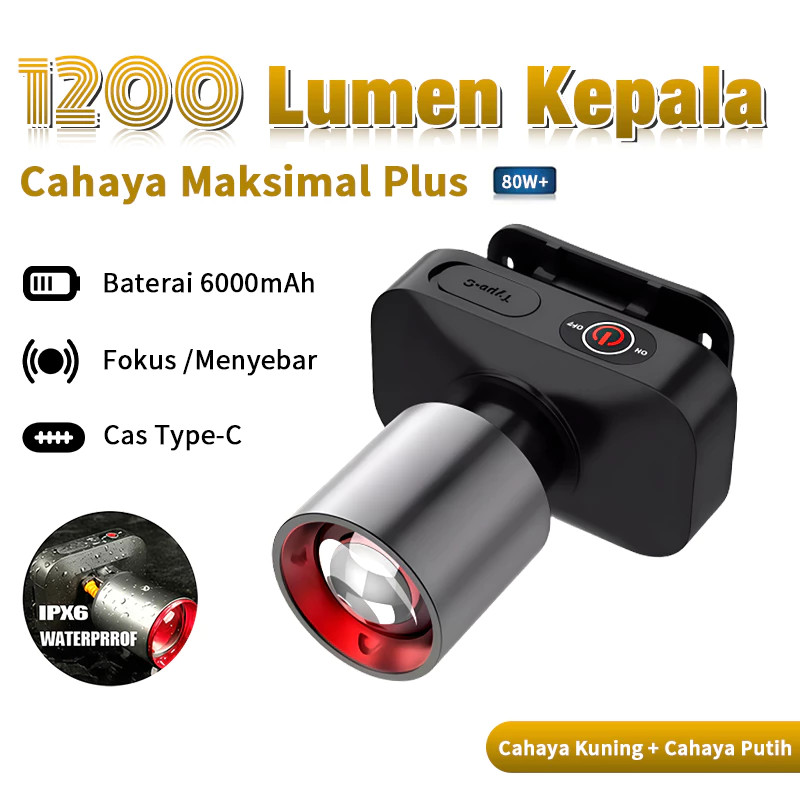 Senter Kepala LED ZOOM 1200 Lumen Adjustable Anti Air Super Terang LED 3 Mode Cahaya Outdoor Senter