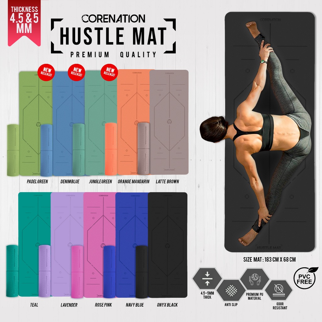 CoreNation Matras Yoga Hustle Mat 4.5MM Dan 5MM / Workout Mat Anti Slip / Yoga Mat Lux Matras Olahraga Senam