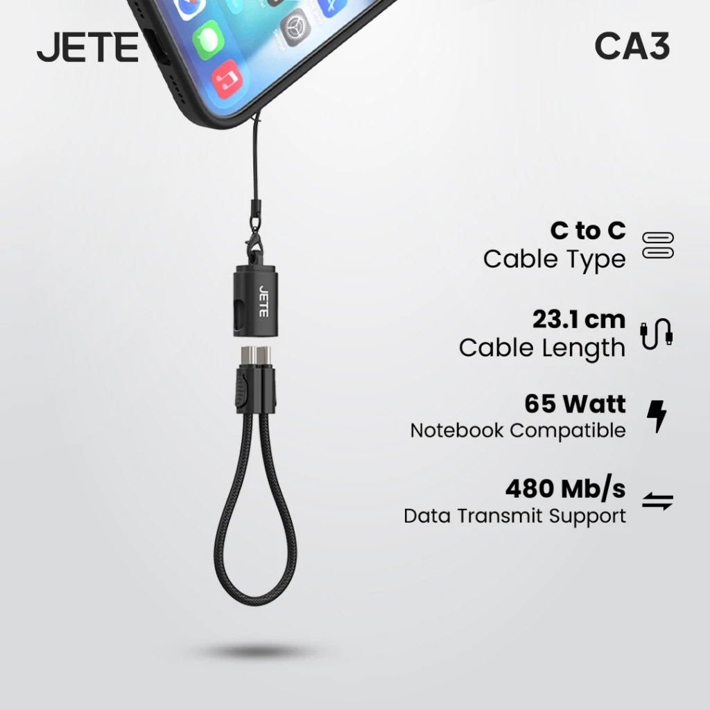 Kabel Data JETE CA3 Kabel Charger Keychain USB Type C to C 65W Fast Charging Cable Kabel Cas Lanyard Tali Gantung For iPhone Android
