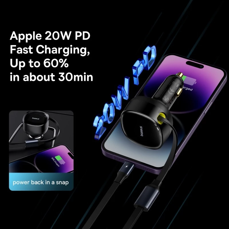 Baseus Enjoyment Retractable 2-in-1 Car Charger C+L 30W - Gambar 4
