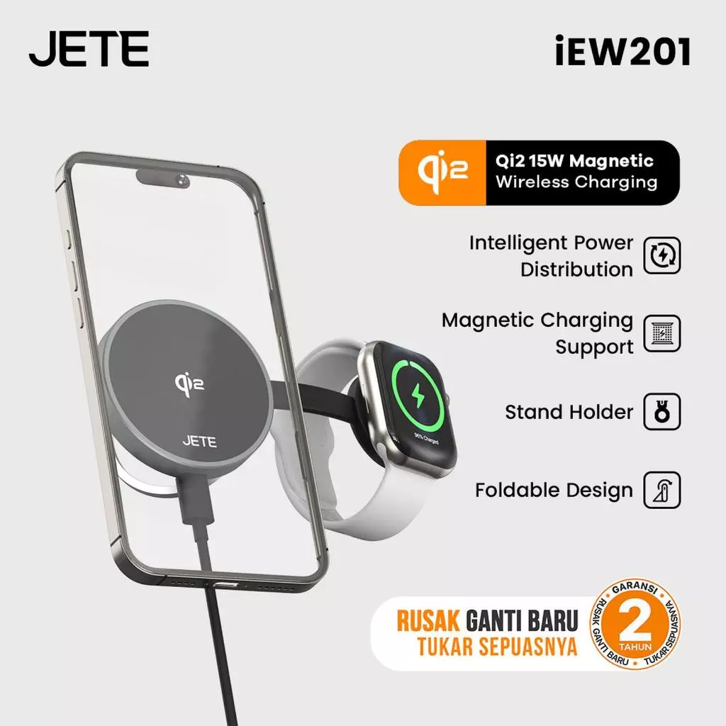 JETE iEW201 Pengisian Nirkabel Magnetik 15W Qi2 2 in 1 dengan Holder Cincin Magnetik Lipat untuk iPhone & Apple Watch