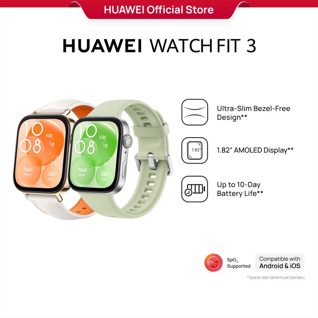 HUAWEI WATCH FIT 3 Smartwatch / Ultra-Slim Bezel-Free Design / 1.82" AMOLED Display / All-Round Fitness Management / Up to 10-Days Battery Life