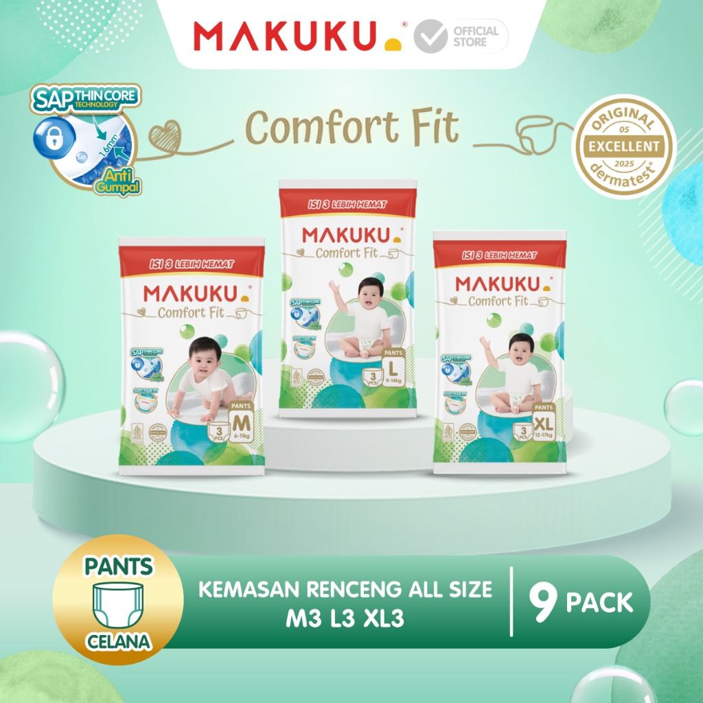 [9 PACK] Makuku SAP Diapers Comfort Fit 3.0 Celana / Pants Popok Bayi M3 / L3 / XL3 isi 3 pcs