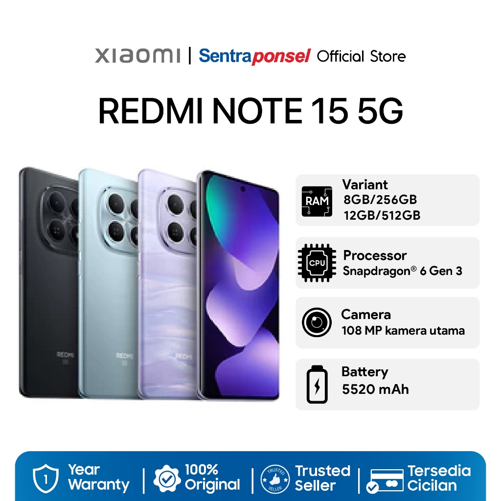Xiaomi Redmi Note 15 5G 8GB/256GB 12GB/512GB / Baterai 5520mAh dengan desain ramping / Kaca layar dengan daya tahan