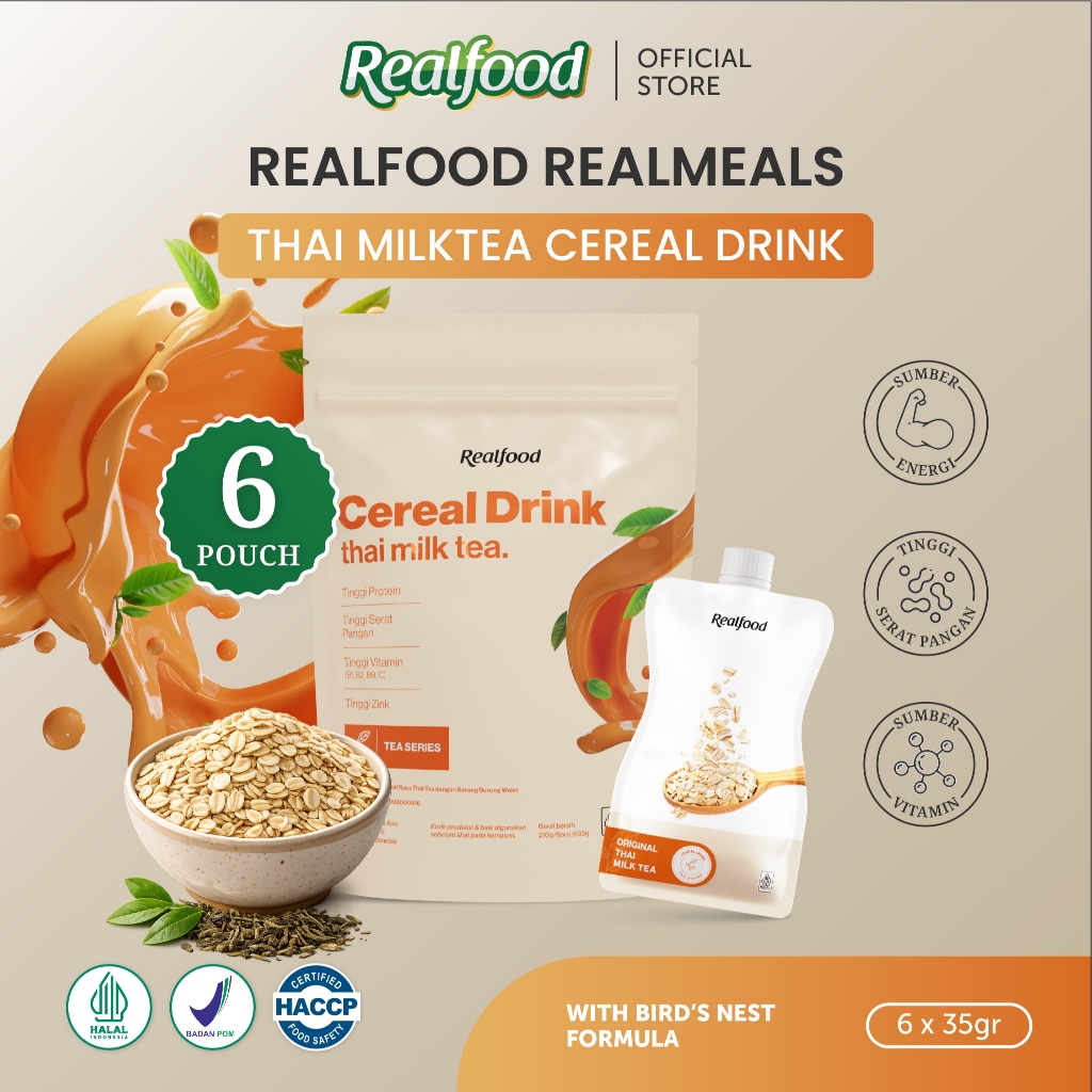 Realfood Realmeals Cereal Protein Drink / Meal Replacement / Pengganti Makan Ringan / 12g Protein / Mix Grains / Rice Crisps / Bird's Nest Extract / Chia Seed / Low Sugar / Rendah Gula / Snack Sehat / Kenyang Lebih Lama / Milk Tea Series - Gambar 4