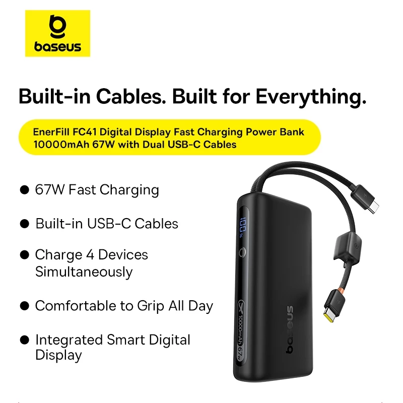 Baseus 67W EnerFill FC41 Digital Display Power Bank with Dual Built-in USB-C Cables 10000mAh