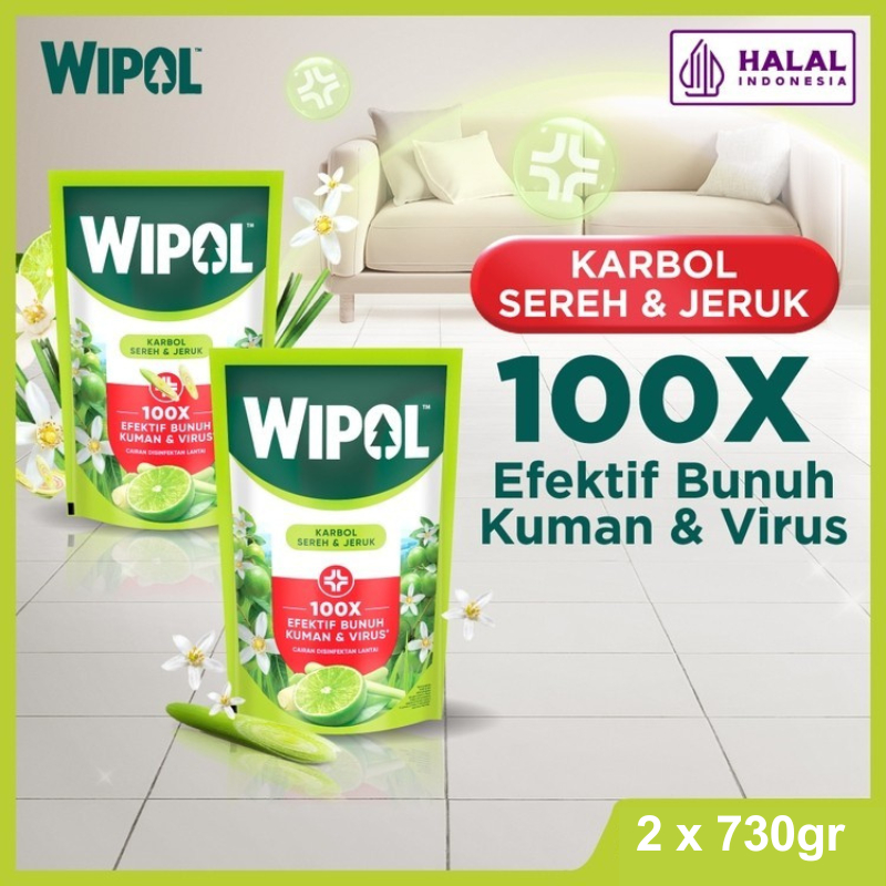 Wipol Pembersih Lantai Cairan Disinfektan Teruji Dermatologis Sereh & Jeruk 730gr x2