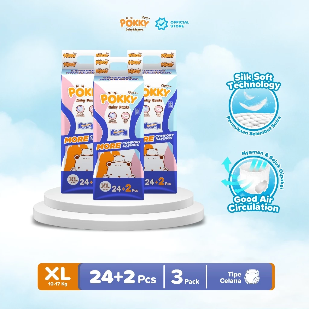 [3 BAG] POKKY Pants Popok Celana M28+2/L26+2/XL24+2/XXL22+2 TRIPLEPACK (3BALL) / Popok Celana Bayi - Gambar 3