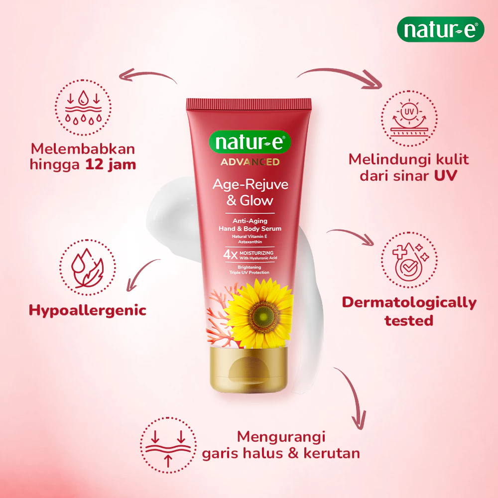 Natur-E Advanced Age-Rejuve & Glow Anti-Aging Hand & Body Serum 100ml - Body Serum Perawatan Tubuh Mengandung Astaxanthin & Vitamin E - Menutrisi dan Melindungi Kulit dari Sinar UV - Gambar 3