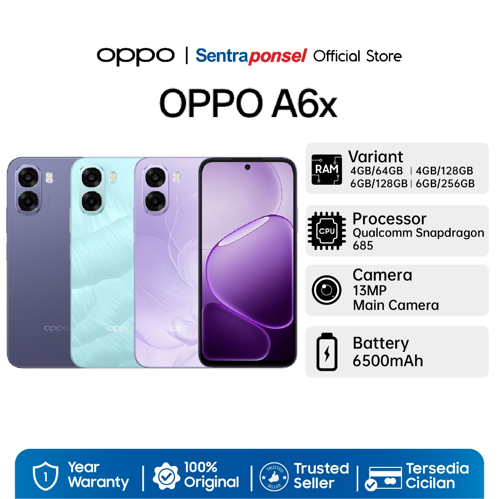 OPPO A6x 4GB+64GB 6GB+256GB IP64 Water & Dust Resistance, 6500mAh Large Battery, Snapdragon 685, 120Hz Fast Responsive Screen - Garansi Resmi