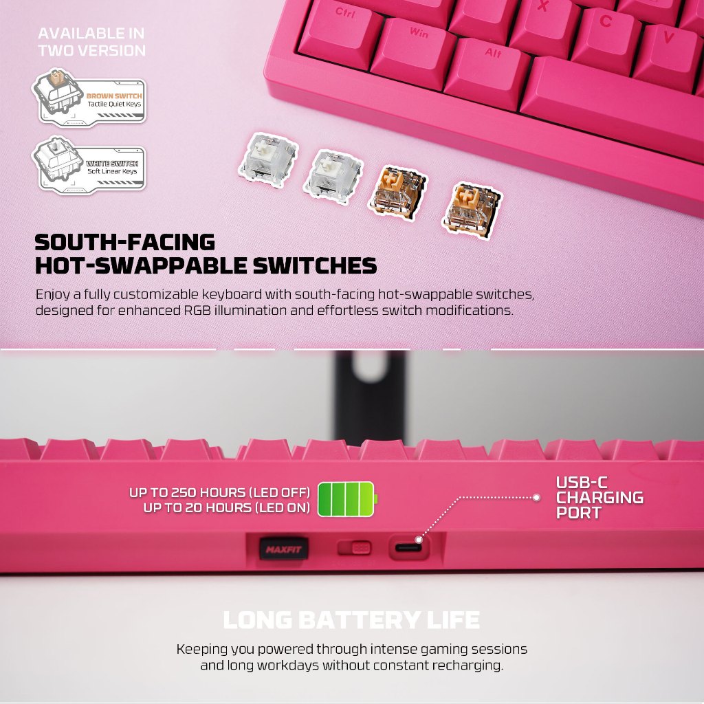 Fantech MAXFIT-8 / MAXFIT 8 / MK921 / MK9-921 3in1 Connections Wireless Bluetooth Low Profile Keyboard Mechanical Gaming Hotswap For PC / Laptop - Gambar 4