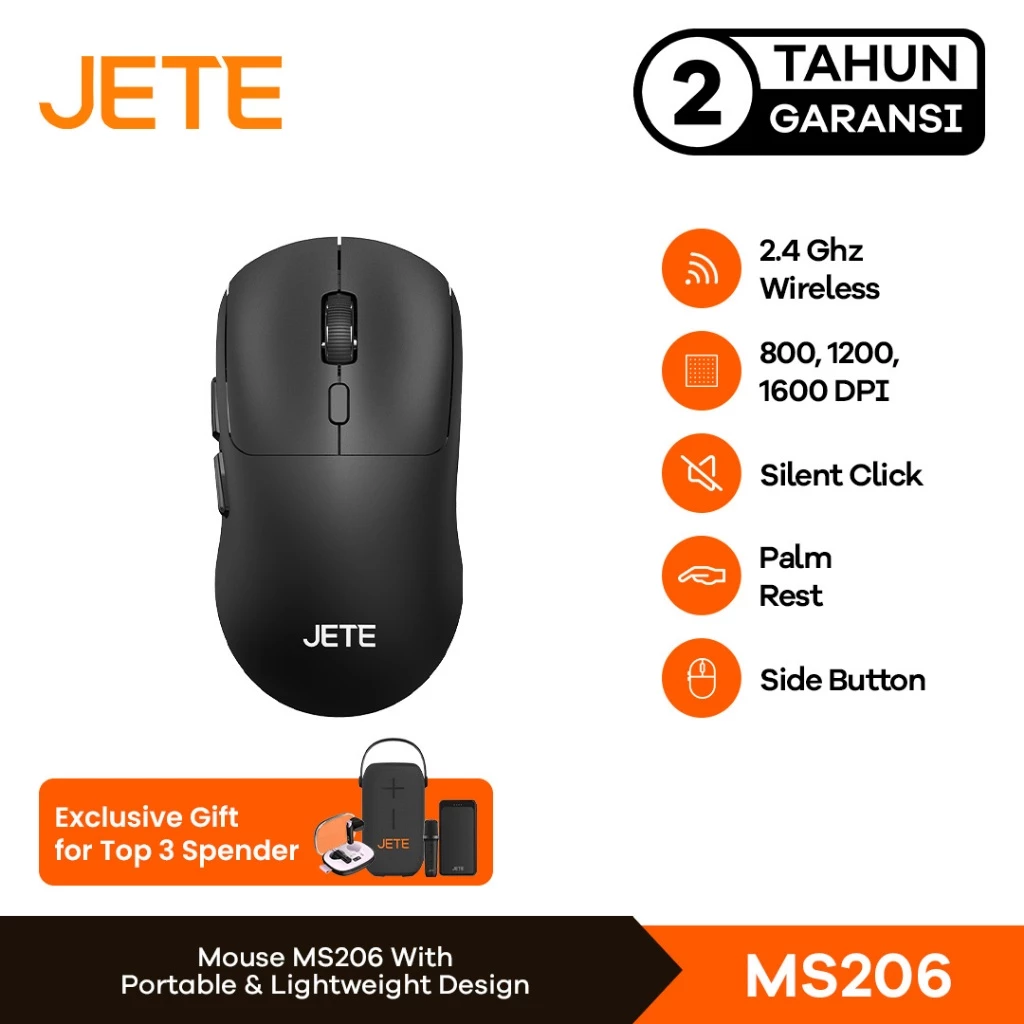 Mouse Wireless JETE MS206 Mouse Baterai 1600Dpi Ergonomic Mouse Tanpa Kabel USB Dongle Silent Click Mouse Kantor Komputer Laptop Windows For Macbook
