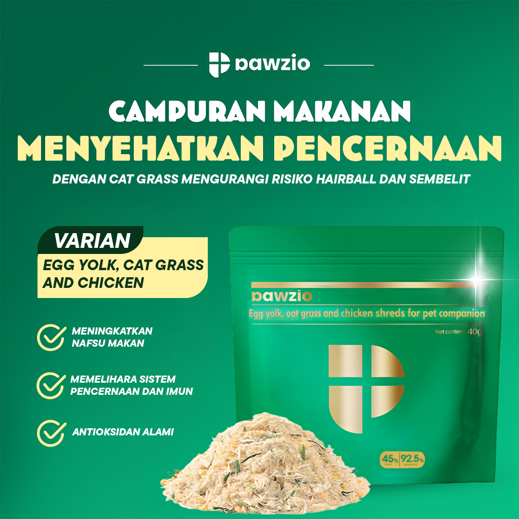 PAWZIO Egg Yolk, Cat Grass & Chicken Shreds 40g – Topping Makanan Kucing Tinggi Protein