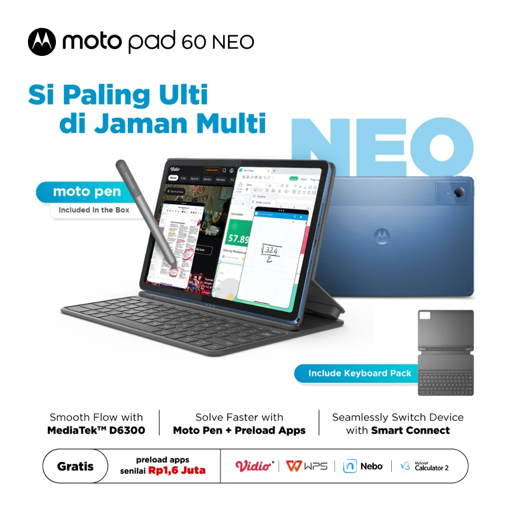 Motopad 60 Neo - 4GB/128GB - 8GB/128GB MediaTek Dimensity 6300 - 11" IPS 500nits Anti-fingerprint - Dolby Atmos - 7040mAh - Malibu Blue - With Moto Pen