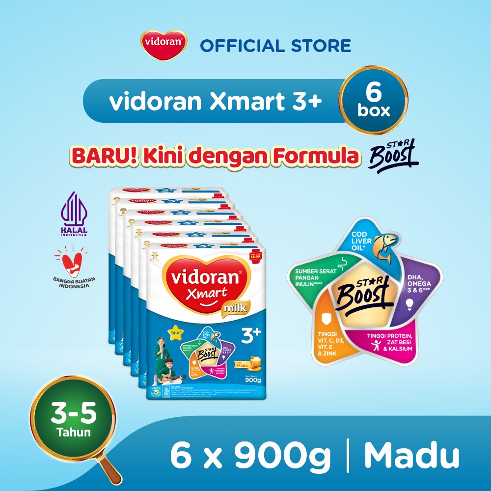 vidoran Xmart 3+ Madu 900gr Susu Formula Pertumbuhan Anak 3-5 Tahun - 6 box - Exp : 07.2027