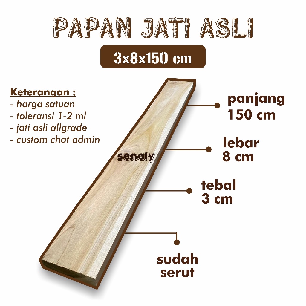 Papan Ram Jendela 3x8x150 cm Kayu Jati Asli Allgrade Sudah Serut Rapi Bahan Kerajinan DIY Rak Ambalan Dinding